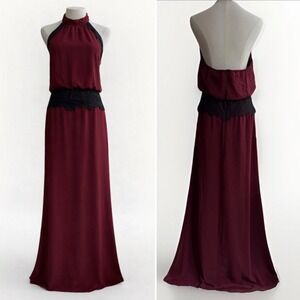 Open Back Halter Maxi Dress Size L Straight Slip Maroon Black Lace Formal Prom